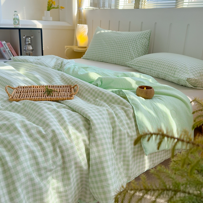 91家纺网 家纺一手货源 找家纺 桔禾家纺 2026新款水洗云朵棉无印风格子大豆夏被夏凉被空调被直播爆款 緑小格