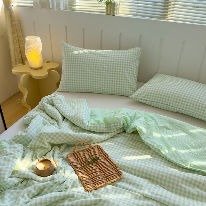 91家纺网 家纺一手货源 找家纺 桔禾家纺 2026新款水洗云朵棉无印风格子大豆夏被夏凉被空调被直播爆款 緑小格