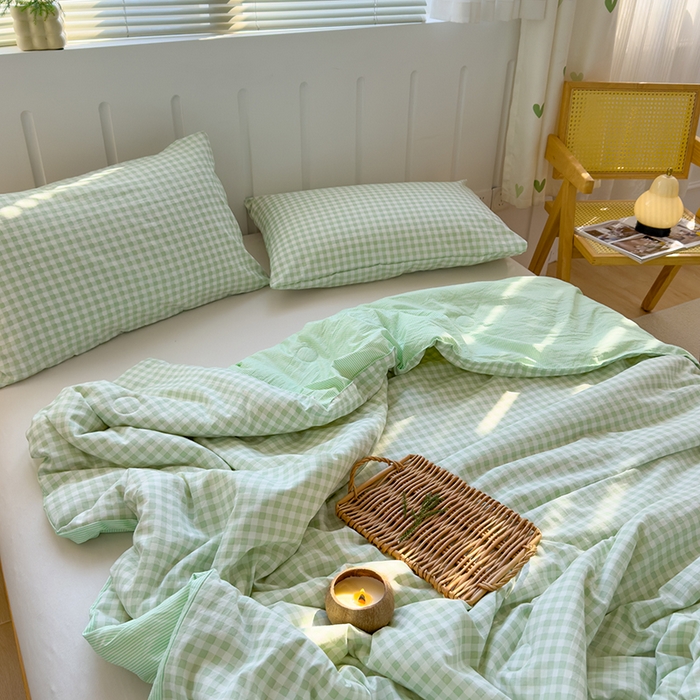 91家纺网 家纺一手货源 找家纺 桔禾家纺 2026新款水洗云朵棉无印风格子大豆夏被夏凉被空调被直播爆款 緑小格