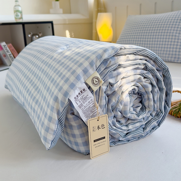 桔禾家纺 2026新款水洗云朵棉无印风格子大豆夏被夏凉被空调被直播爆款 蓝小格