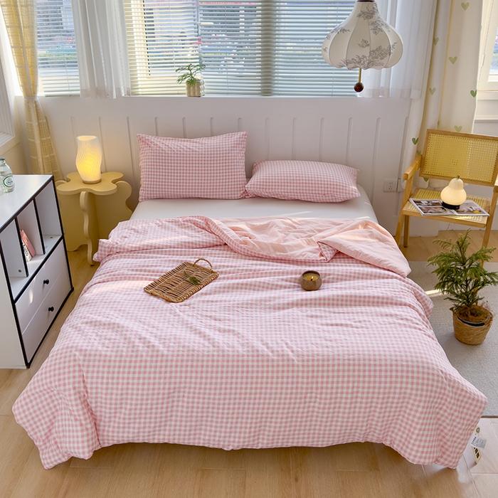 91家纺网 家纺一手货源 找家纺 桔禾家纺 2026新款水洗云朵棉无印风格子大豆夏被夏凉被空调被直播爆款 粉小格