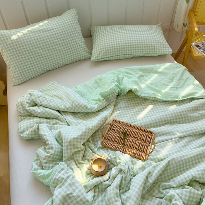 91家纺网 家纺一手货源 找家纺 桔禾家纺 2026新款水洗云朵棉无印风格子大豆夏被夏凉被空调被直播爆款 緑小格