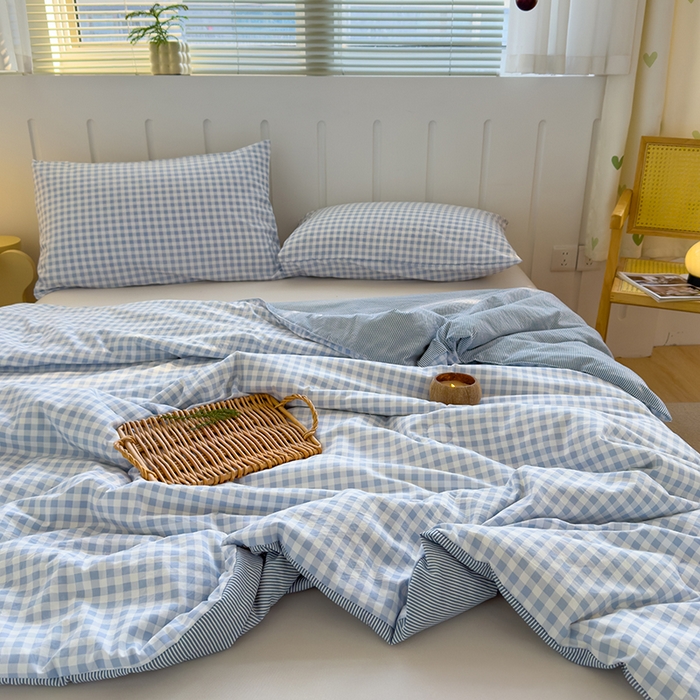91家纺网 家纺一手货源 找家纺 桔禾家纺 2026新款水洗云朵棉无印风格子大豆夏被夏凉被空调被直播爆款 蓝小格