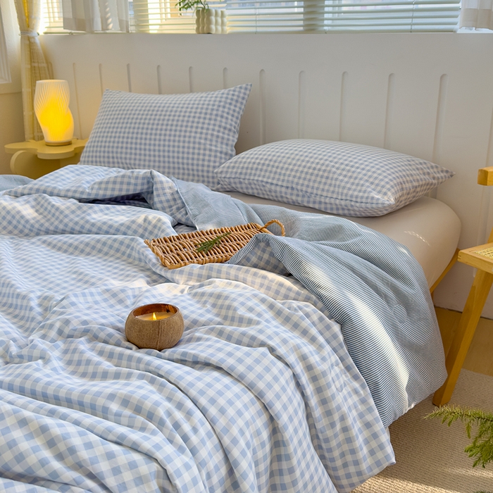 91家纺网 家纺一手货源 找家纺 桔禾家纺 2026新款水洗云朵棉无印风格子大豆夏被夏凉被空调被直播爆款 蓝小格
