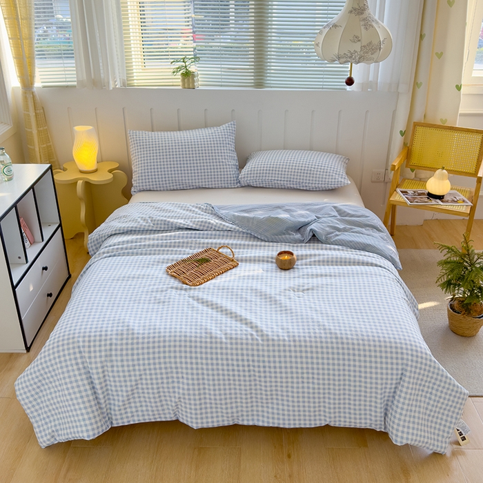 91家纺网 家纺一手货源 找家纺 桔禾家纺 2026新款水洗云朵棉无印风格子大豆夏被夏凉被空调被直播爆款 蓝小格