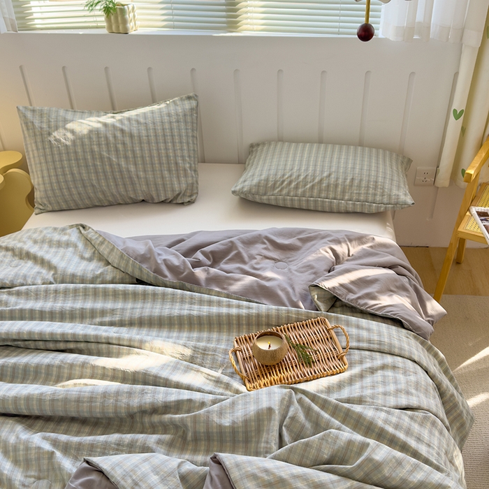 91家纺网 家纺一手货源 找家纺 桔禾家纺 2026新款水洗云朵棉无印风格子大豆夏被夏凉被空调被直播爆款 咖大格