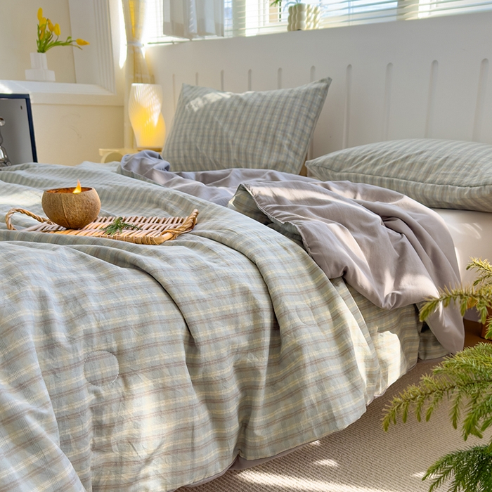 91家纺网 家纺一手货源 找家纺 桔禾家纺 2026新款水洗云朵棉无印风格子大豆夏被夏凉被空调被直播爆款 咖大格