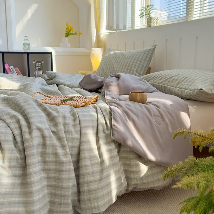 91家纺网 家纺一手货源 找家纺 桔禾家纺 2026新款水洗云朵棉无印风格子大豆夏被夏凉被空调被直播爆款 咖大格