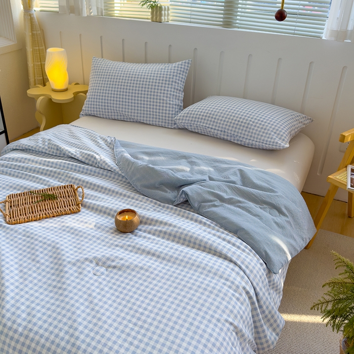 91家纺网 家纺一手货源 找家纺 桔禾家纺 2026新款水洗云朵棉无印风格子大豆夏被夏凉被空调被直播爆款 蓝小格
