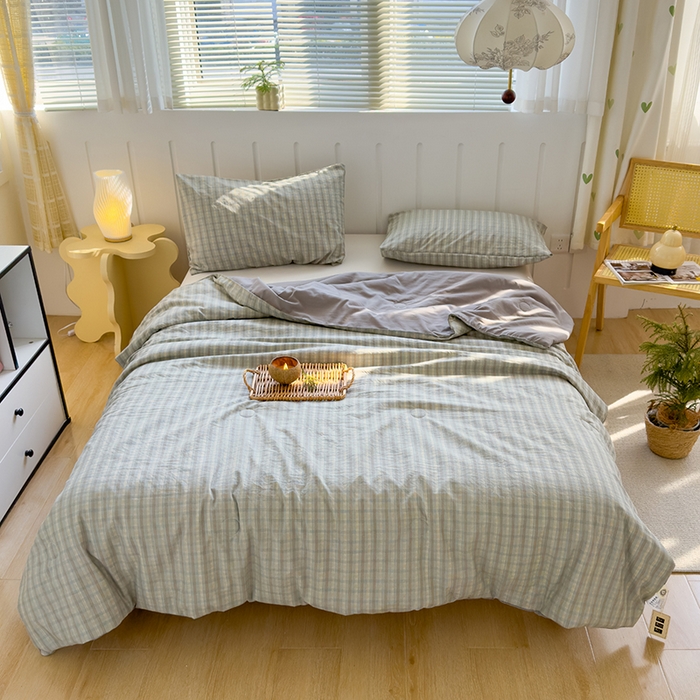 91家纺网 家纺一手货源 找家纺 桔禾家纺 2026新款水洗云朵棉无印风格子大豆夏被夏凉被空调被直播爆款 咖大格