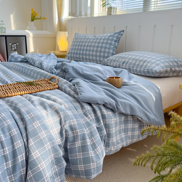 91家纺网 家纺一手货源 找家纺 桔禾家纺 2026新款水洗云朵棉无印风格子大豆夏被夏凉被空调被直播爆款 蓝大格
