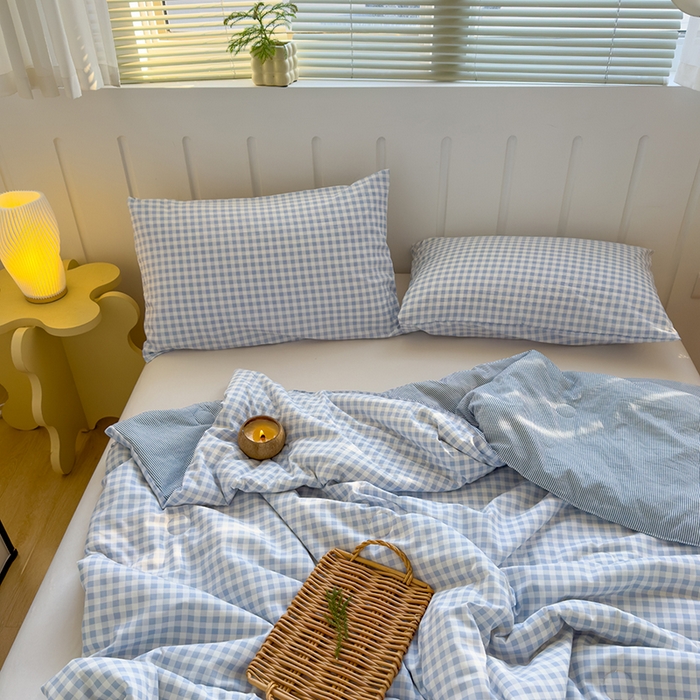 91家纺网 家纺一手货源 找家纺 桔禾家纺 2026新款水洗云朵棉无印风格子大豆夏被夏凉被空调被直播爆款 蓝小格