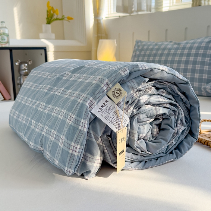 桔禾家纺 2026新款水洗云朵棉无印风格子大豆夏被夏凉被空调被直播爆款 蓝大格