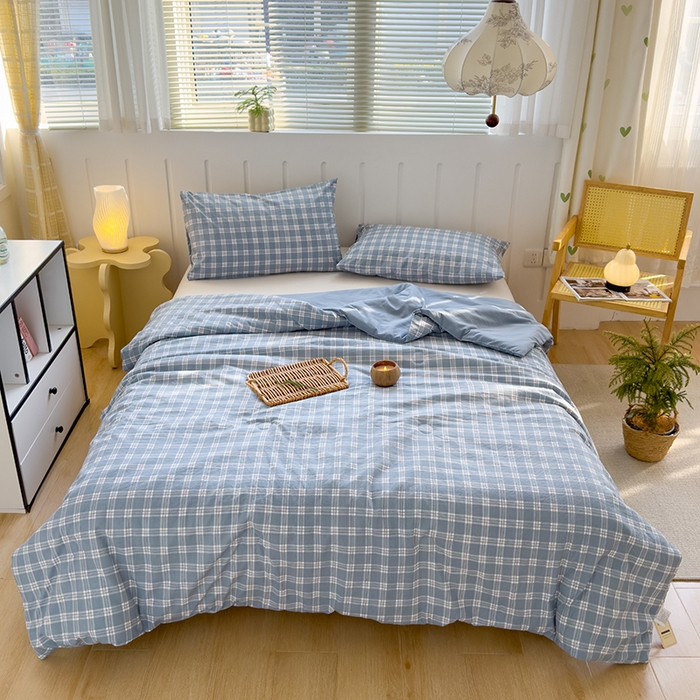 91家纺网 家纺一手货源 找家纺 桔禾家纺 2026新款水洗云朵棉无印风格子大豆夏被夏凉被空调被直播爆款 蓝大格