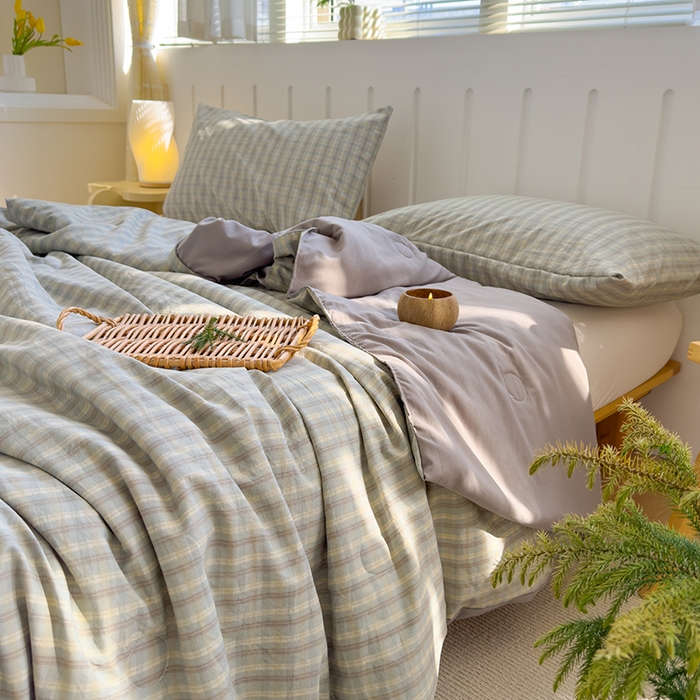 91家纺网 家纺一手货源 找家纺 桔禾家纺 2026新款水洗云朵棉无印风格子大豆夏被夏凉被空调被直播爆款 咖大格