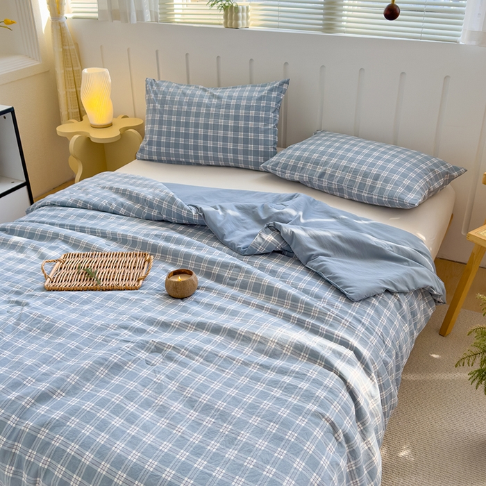 91家纺网 家纺一手货源 找家纺 桔禾家纺 2026新款水洗云朵棉无印风格子大豆夏被夏凉被空调被直播爆款 蓝大格