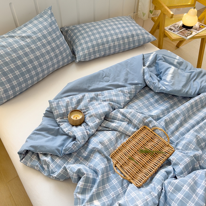 91家纺网 家纺一手货源 找家纺 桔禾家纺 2026新款水洗云朵棉无印风格子大豆夏被夏凉被空调被直播爆款 蓝大格