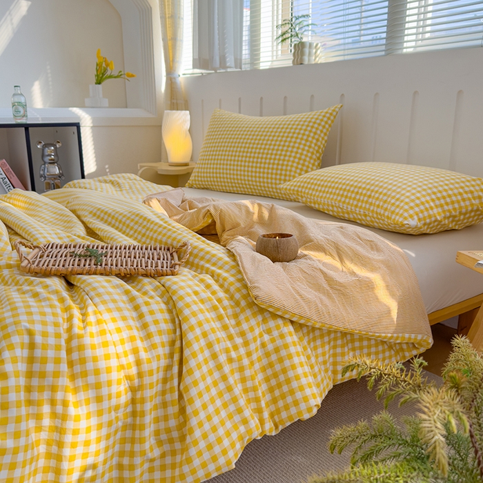 91家纺网 家纺一手货源 找家纺 桔禾家纺 2026新款水洗云朵棉无印风格子大豆夏被夏凉被空调被直播爆款 黄小格