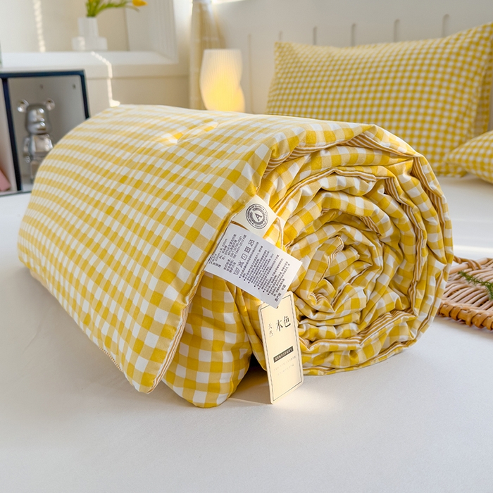 桔禾家纺 2026新款水洗云朵棉无印风格子大豆夏被夏凉被空调被直播爆款 黄小格
