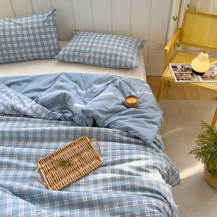 91家纺网 家纺一手货源 找家纺 桔禾家纺 2026新款水洗云朵棉无印风格子大豆夏被夏凉被空调被直播爆款 蓝大格