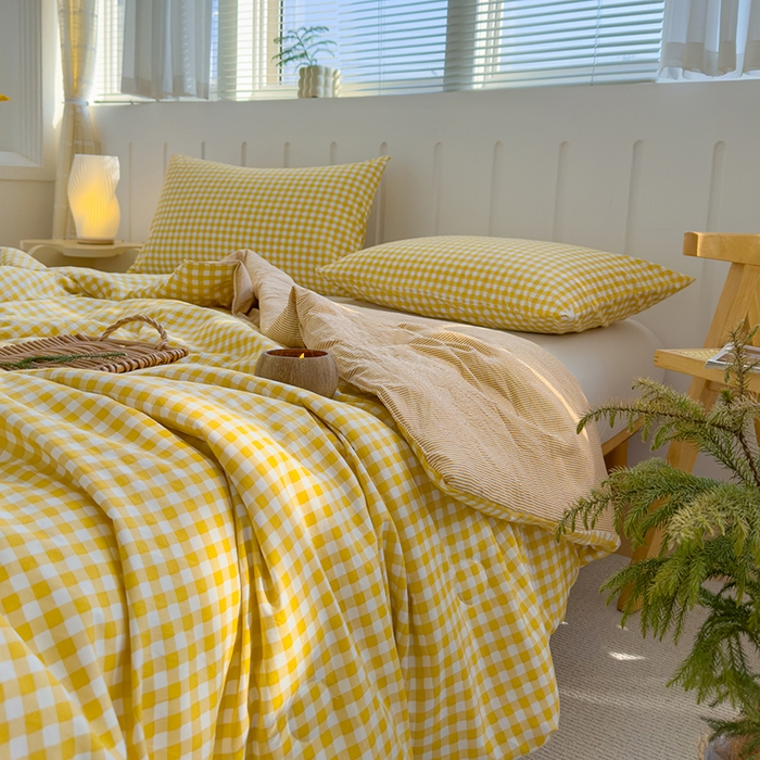 91家纺网 家纺一手货源 找家纺 桔禾家纺 2026新款水洗云朵棉无印风格子大豆夏被夏凉被空调被直播爆款 黄小格