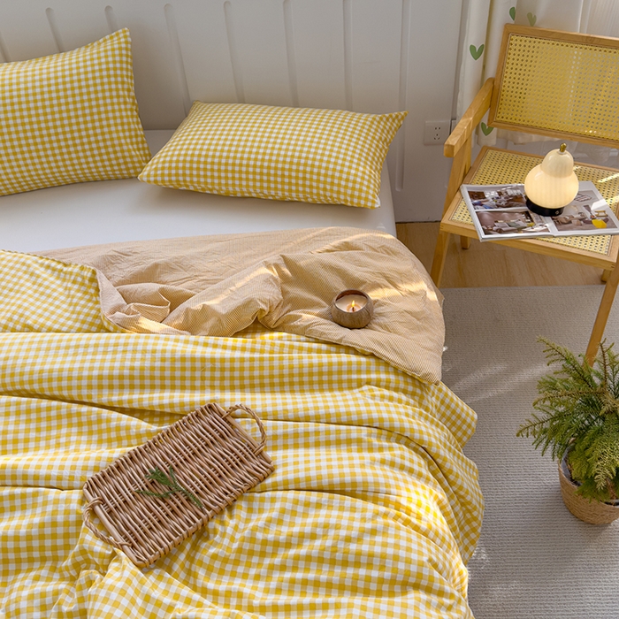 91家纺网 家纺一手货源 找家纺 桔禾家纺 2026新款水洗云朵棉无印风格子大豆夏被夏凉被空调被直播爆款 黄小格