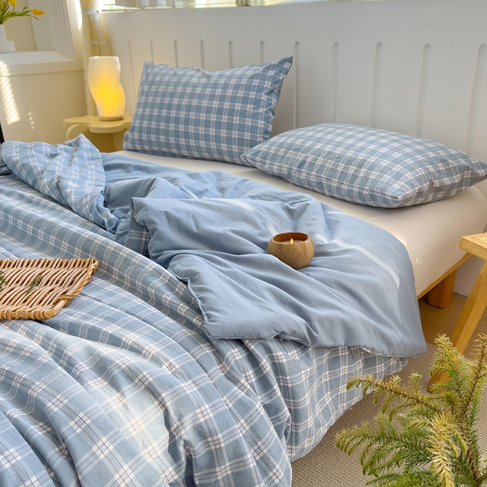 91家纺网 家纺一手货源 找家纺 桔禾家纺 2026新款水洗云朵棉无印风格子大豆夏被夏凉被空调被直播爆款 蓝大格