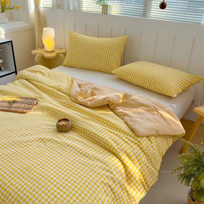 91家纺网 家纺一手货源 找家纺 桔禾家纺 2026新款水洗云朵棉无印风格子大豆夏被夏凉被空调被直播爆款 黄小格