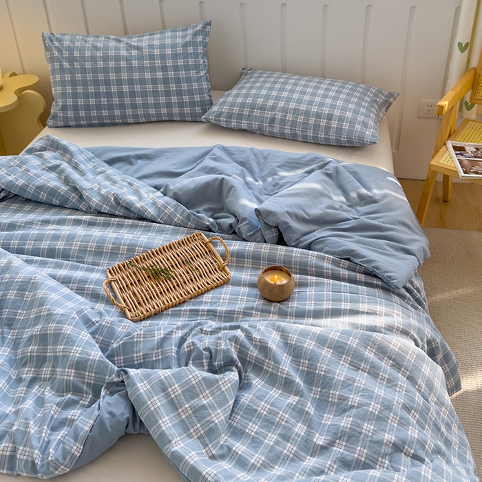 91家纺网 家纺一手货源 找家纺 桔禾家纺 2026新款水洗云朵棉无印风格子大豆夏被夏凉被空调被直播爆款 蓝大格