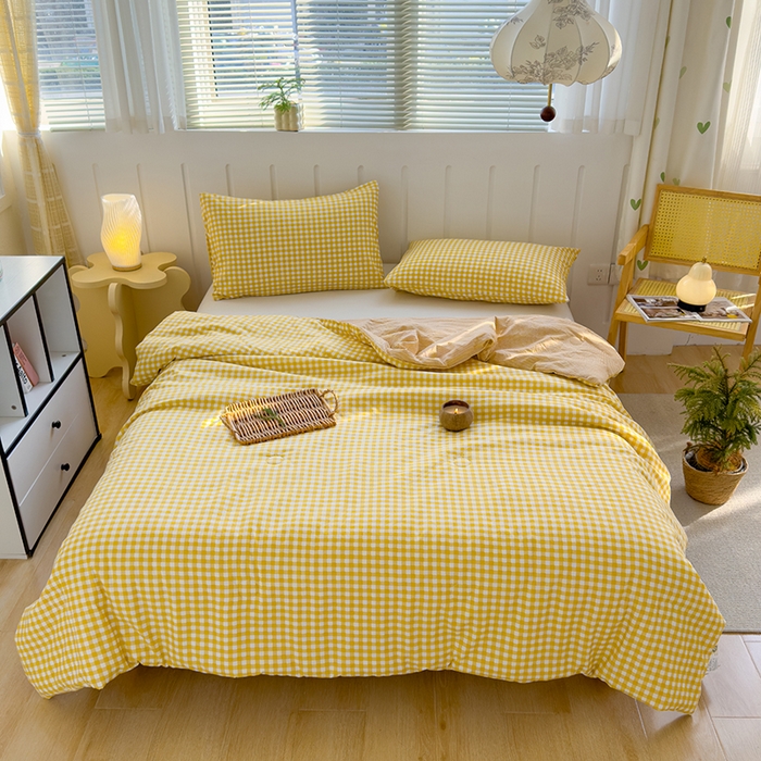 91家纺网 家纺一手货源 找家纺 桔禾家纺 2026新款水洗云朵棉无印风格子大豆夏被夏凉被空调被直播爆款 黄小格