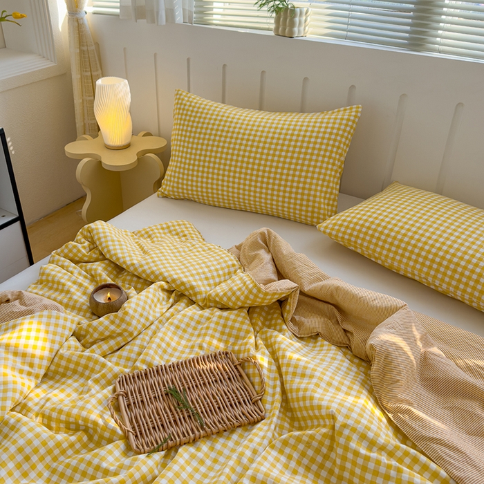 91家纺网 家纺一手货源 找家纺 桔禾家纺 2026新款水洗云朵棉无印风格子大豆夏被夏凉被空调被直播爆款 黄小格