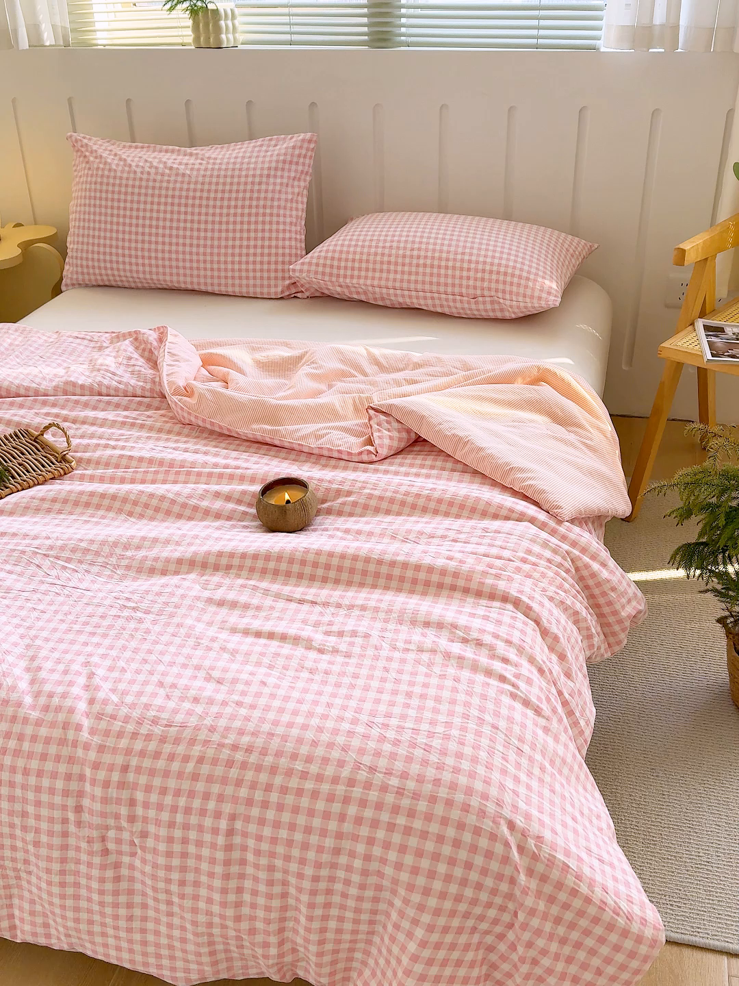 91家纺网 家纺一手货源 找家纺 桔禾家纺 2026新款水洗云朵棉无印风格子大豆夏被夏凉被空调被直播爆款 粉小格