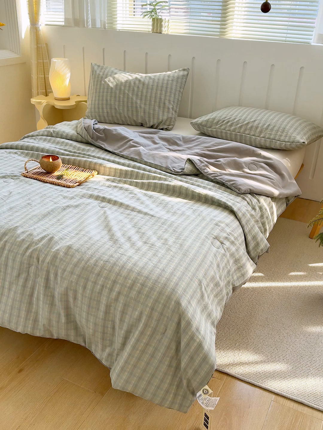 91家纺网 家纺一手货源 找家纺 桔禾家纺 2026新款水洗云朵棉无印风格子大豆夏被夏凉被空调被直播爆款 咖大格