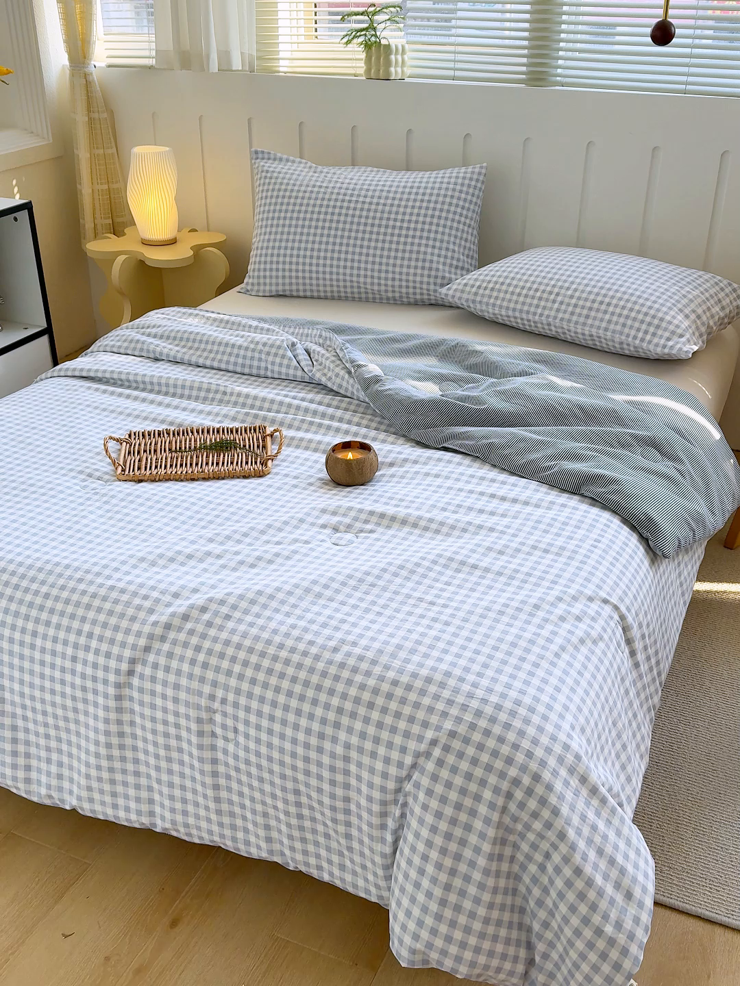 91家纺网 家纺一手货源 找家纺 桔禾家纺 2026新款水洗云朵棉无印风格子大豆夏被夏凉被空调被直播爆款 蓝小格