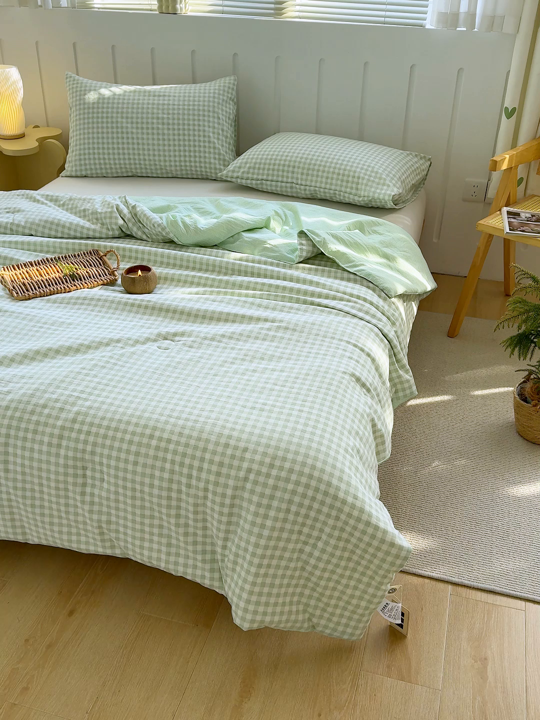 91家纺网 家纺一手货源 找家纺 桔禾家纺 2026新款水洗云朵棉无印风格子大豆夏被夏凉被空调被直播爆款 緑小格