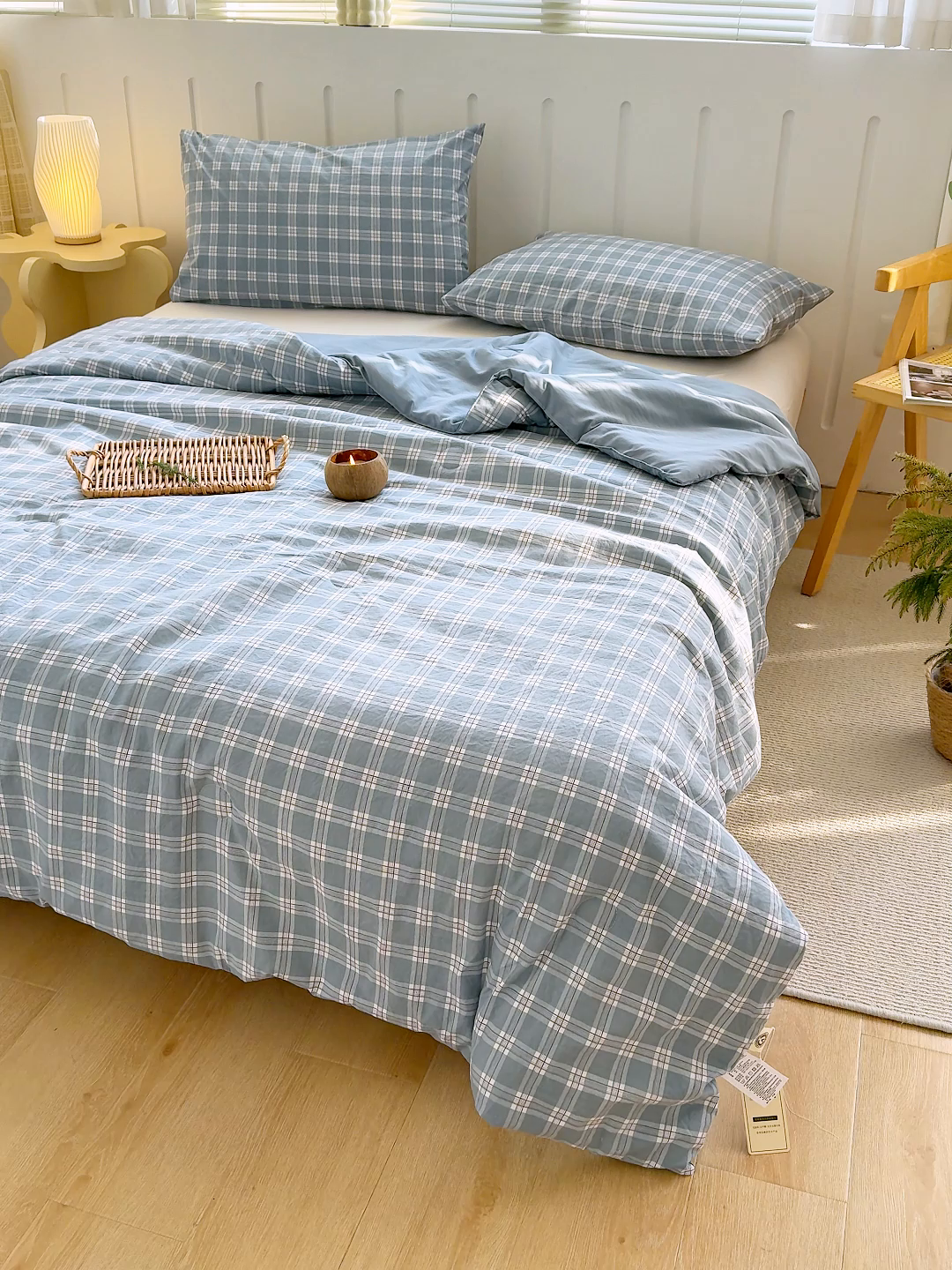 91家纺网 家纺一手货源 找家纺 桔禾家纺 2026新款水洗云朵棉无印风格子大豆夏被夏凉被空调被直播爆款 蓝大格
