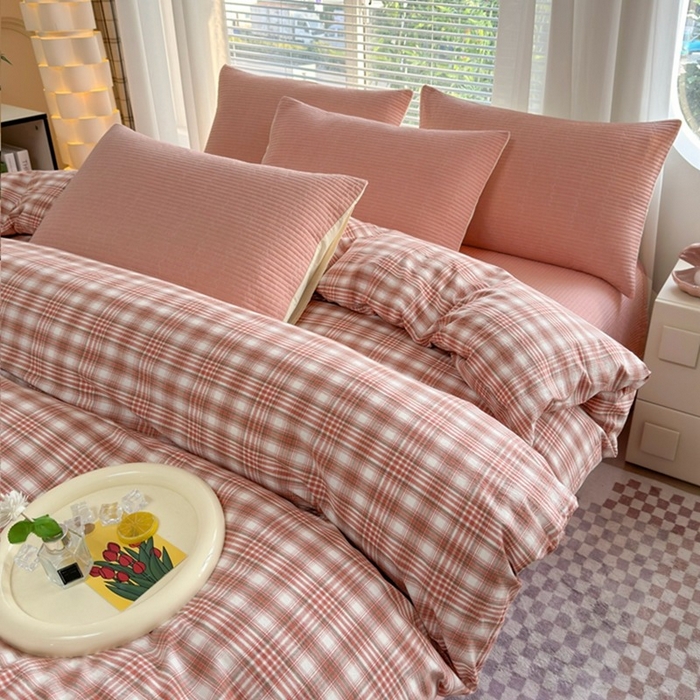 91家纺网 家纺一手货源 找家纺 梦精灵家纺 2026新款全棉纯棉色织水洗棉四件套绗缝夹棉床盖防滑床单四季通用米单人学生宿舍 桔红