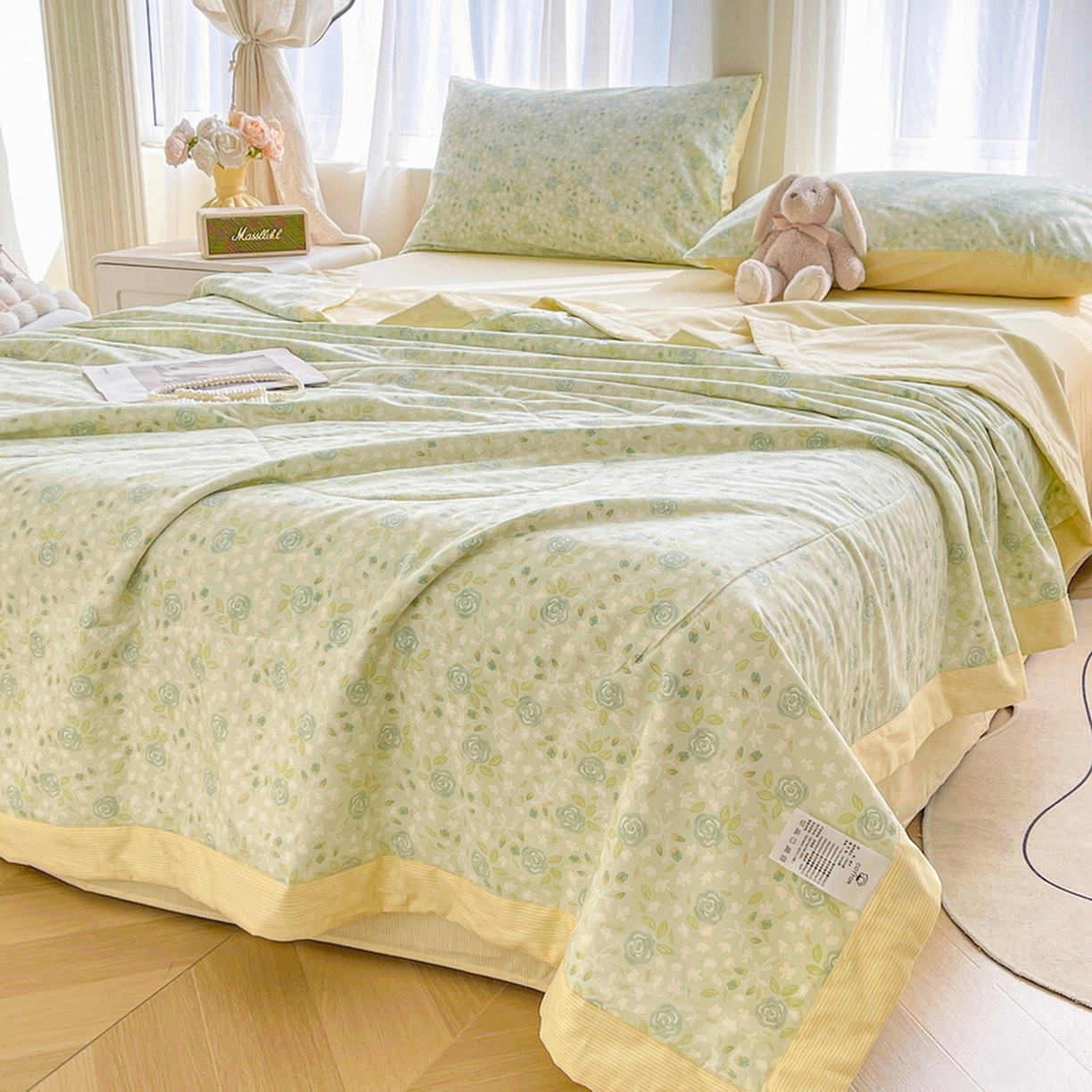 91家纺网 家纺一手货源 找家纺 格子铺 2026新款全棉纯棉印花棉花夏被夏凉被空调被 花团锦簇绿