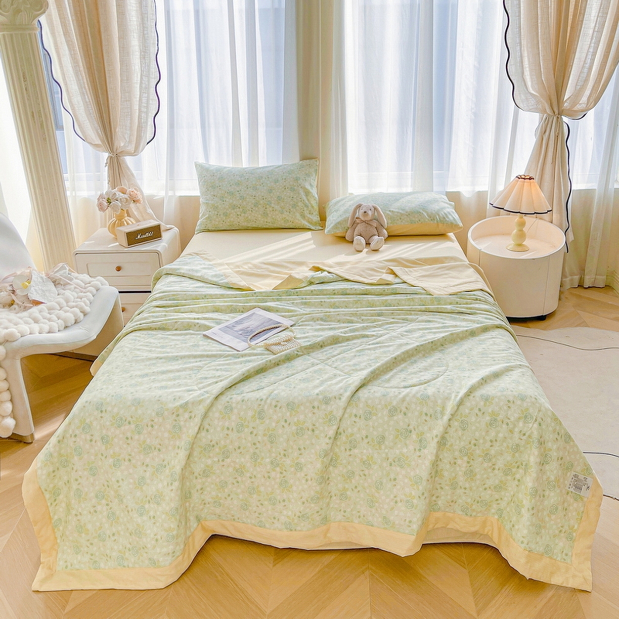 91家纺网 家纺一手货源 找家纺 格子铺 2026新款全棉纯棉印花棉花夏被夏凉被空调被 花团锦簇绿