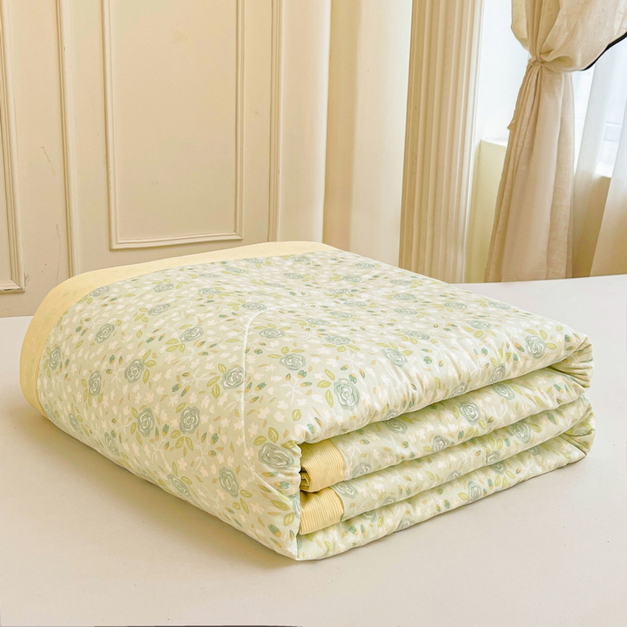 91家纺网 家纺一手货源 找家纺 格子铺 2026新款全棉纯棉印花棉花夏被夏凉被空调被 花团锦簇绿