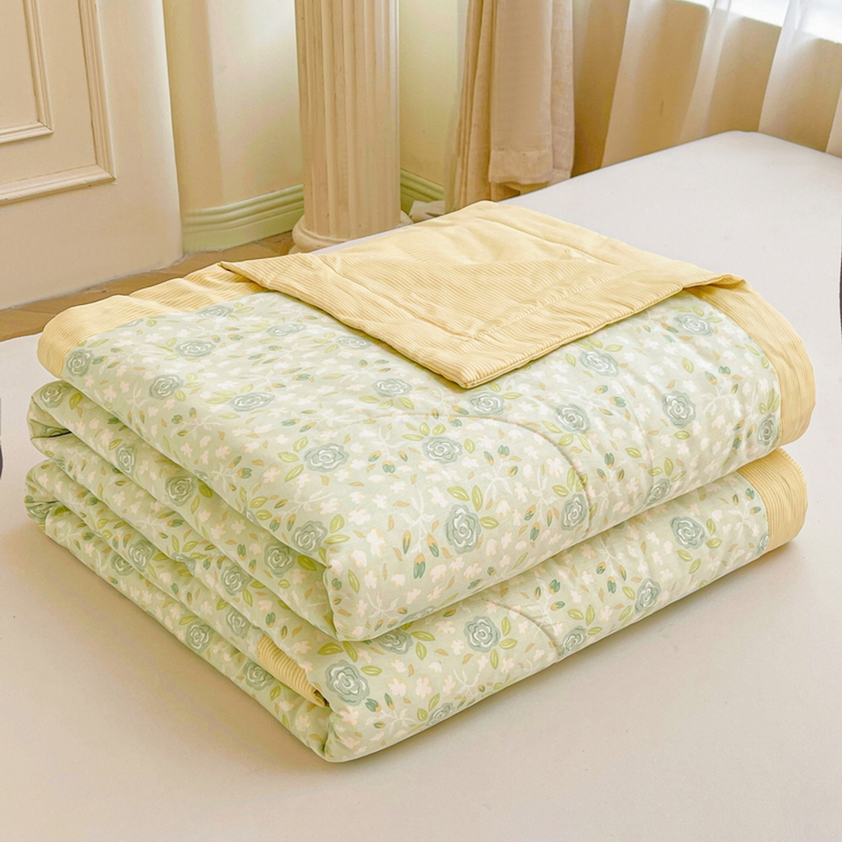 91家纺网 家纺一手货源 找家纺 格子铺 2026新款全棉纯棉印花棉花夏被夏凉被空调被 花团锦簇绿