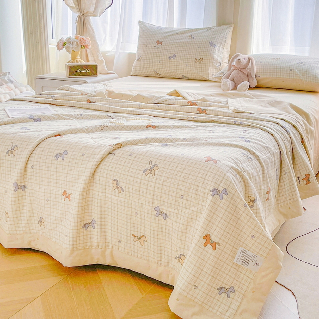 91家纺网 家纺一手货源 找家纺 格子铺 2026新款全棉纯棉印花棉花夏被夏凉被空调被 马到成功