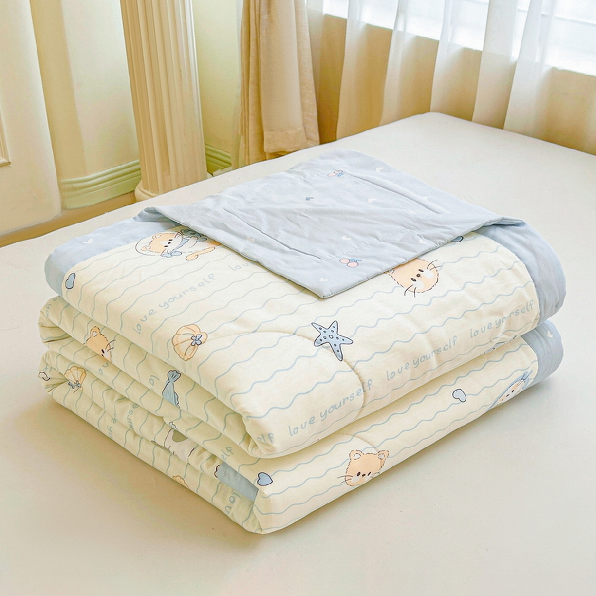 91家纺网 家纺一手货源 找家纺 格子铺 2026新款全棉纯棉印花棉花夏被夏凉被空调被 猫咪宝贝