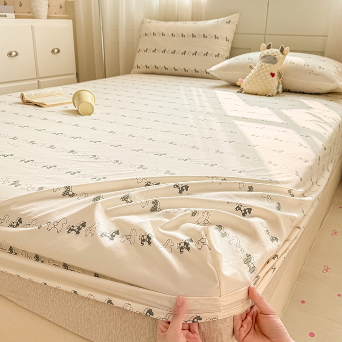 91家纺网 家纺一手货源 找家纺 仟网汇 2026新款A类古法水洗棉云感纱单床笠床笠单件 小木马