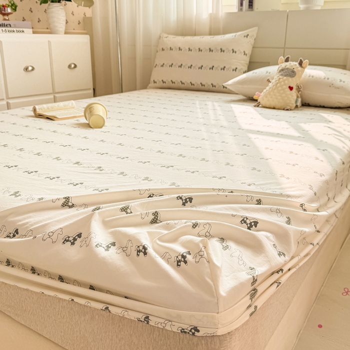 91家纺网 家纺一手货源 找家纺 仟网汇 2026新款A类古法水洗棉云感纱单床笠床笠单件 小木马