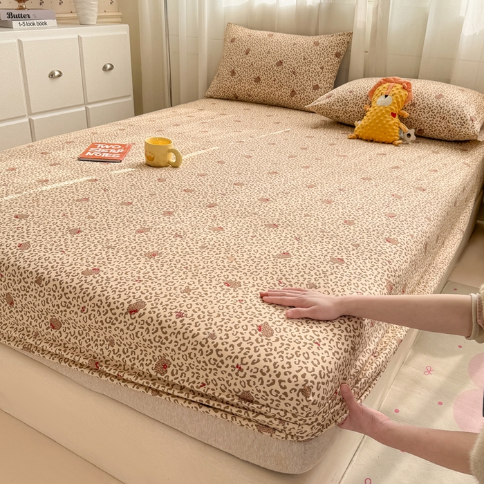 仟网汇 2026新款A类古法水洗棉云感纱单床笠床笠单件 豹纹瞄咖