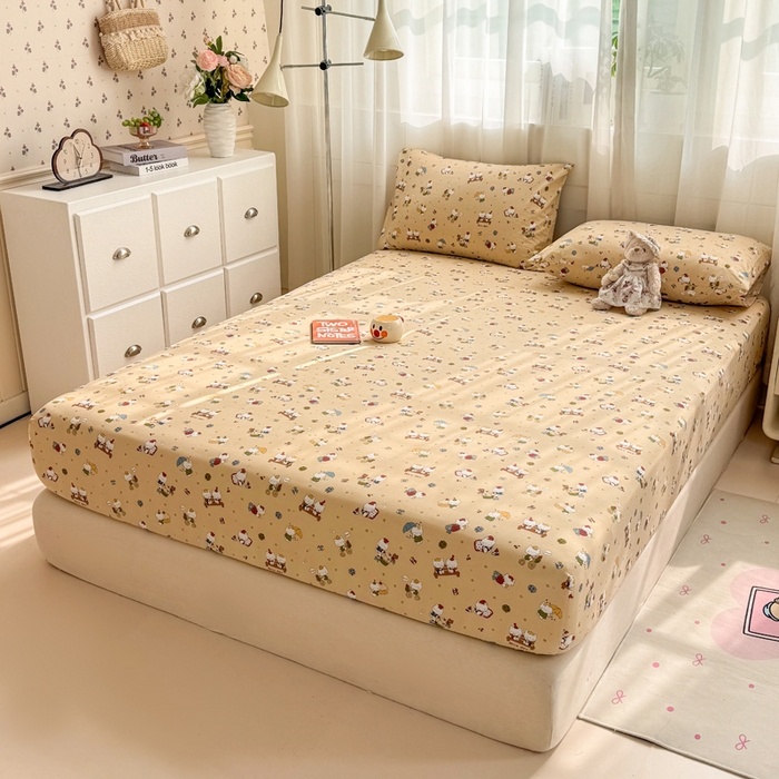 91家纺网 家纺一手货源 找家纺 仟网汇 2026新款A类古法水洗棉云感纱单床笠床笠单件 奶萌喵咖