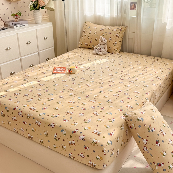 91家纺网 家纺一手货源 找家纺 仟网汇 2026新款A类古法水洗棉云感纱单床笠床笠单件 奶萌喵咖