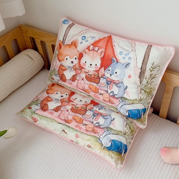 萌宝家纺 2026新款A类60S全棉纯棉儿童枕套大版宝宝枕头枕芯 丛林聚餐