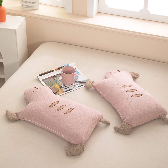 91家纺网 家纺一手货源 找家纺 梦莱家纺 2026新款呼呼猪水洗棉麻荞麦枕 呼呼猪-粉